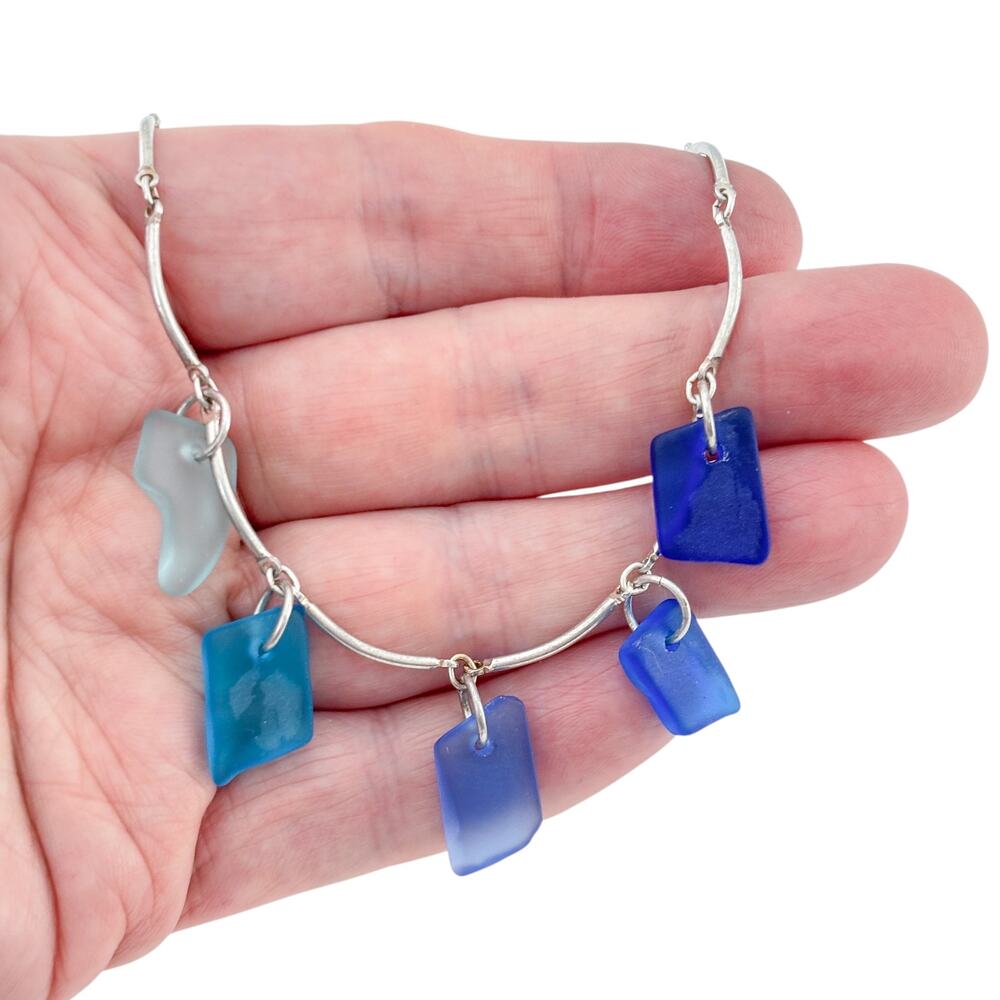 Vintage Sterling Silver 925 Blue Sea Glass Drop Necklace 17.5"
